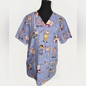 Cherokee Dental Scrub Top Small Blue Cartoon Tooth Print